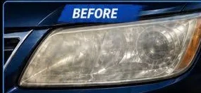 A headlight lens clouded with yellow oxidation before restoration